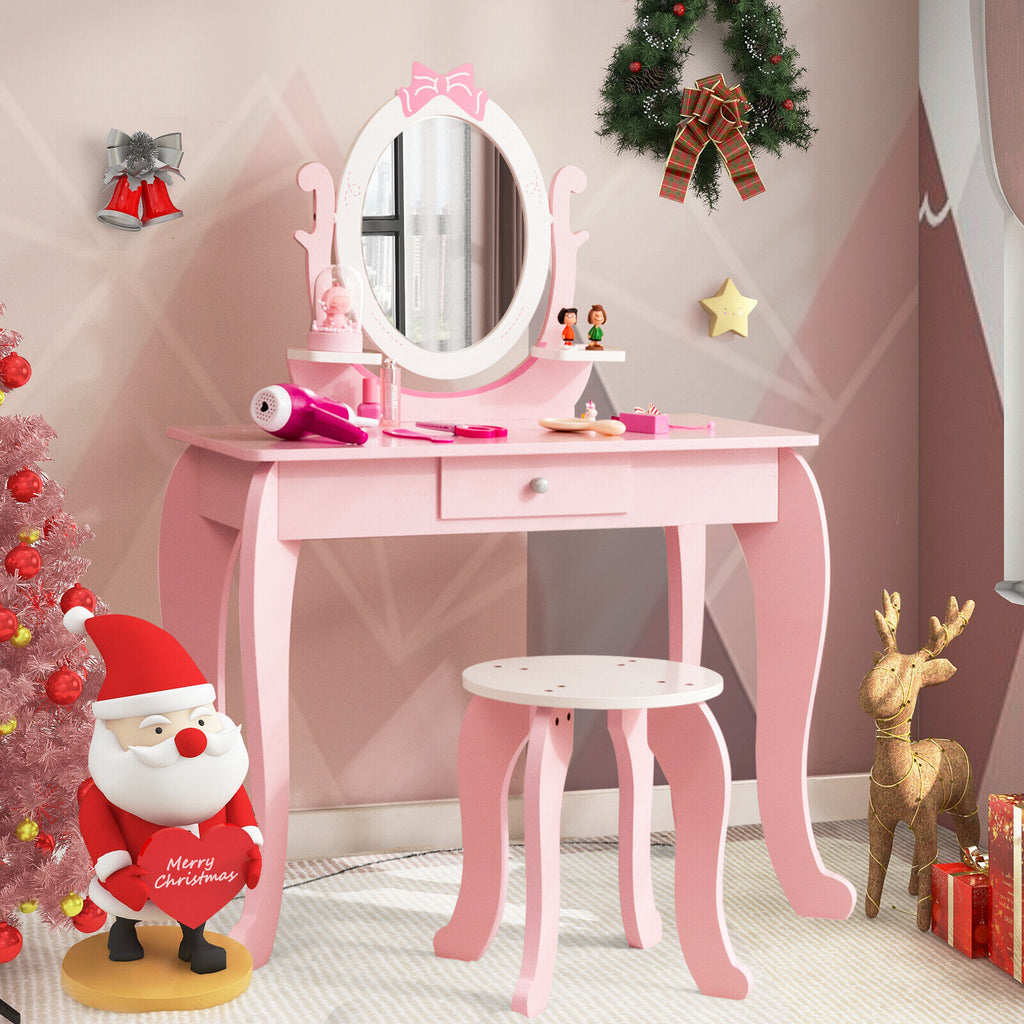 Kids Vanity Table Stool Set with Pink Storage Drawer & Rotatable Mirror - Costway