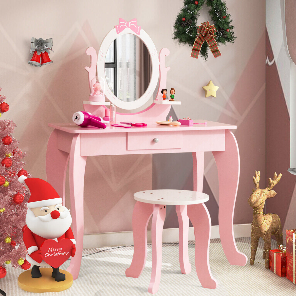 Kids Vanity Table Stool Set with Pink Storage Drawer & Rotatable Mirror - Costway
