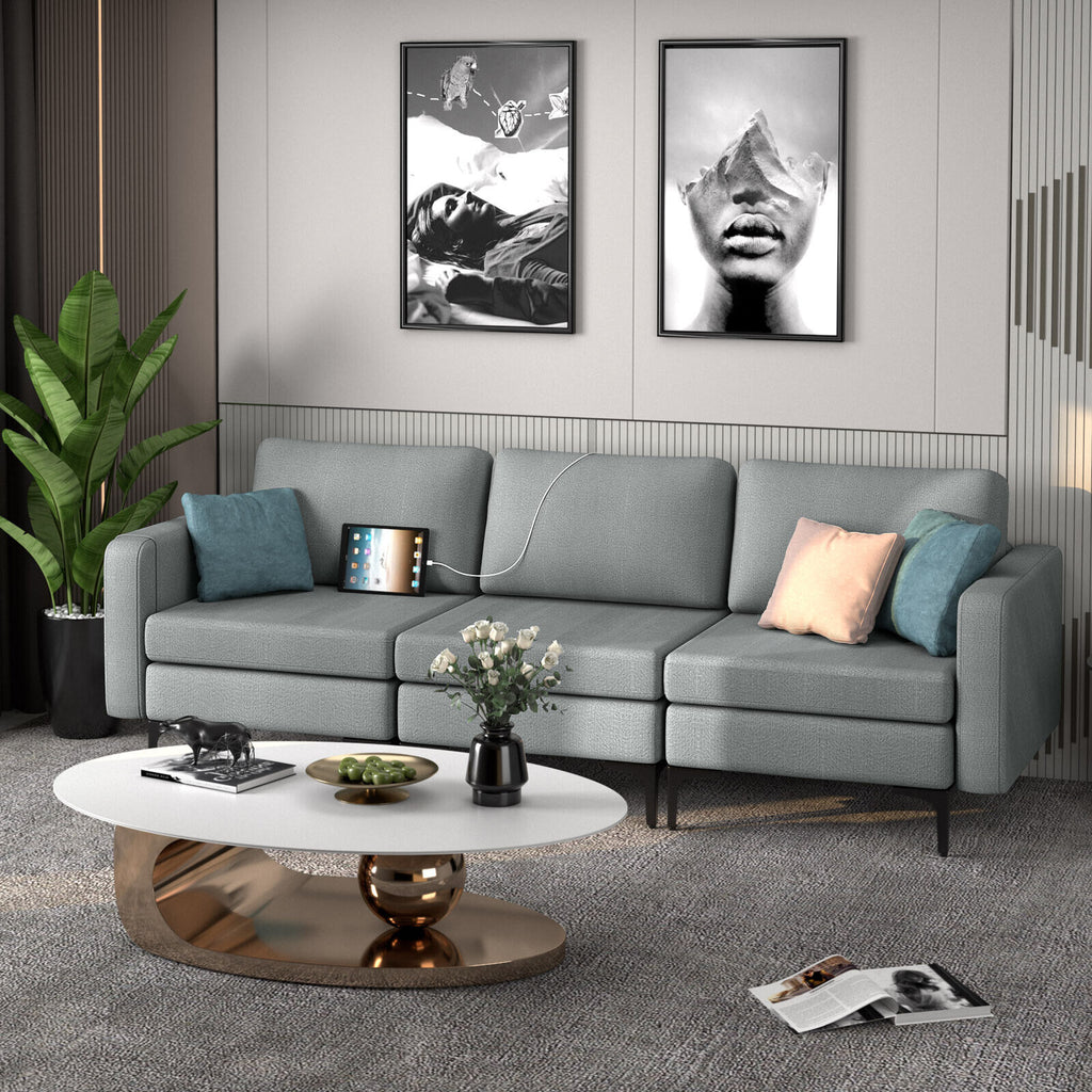 3-Seat Convertible Sofa with USB Ports & Magazine Pockets - Dark Gray