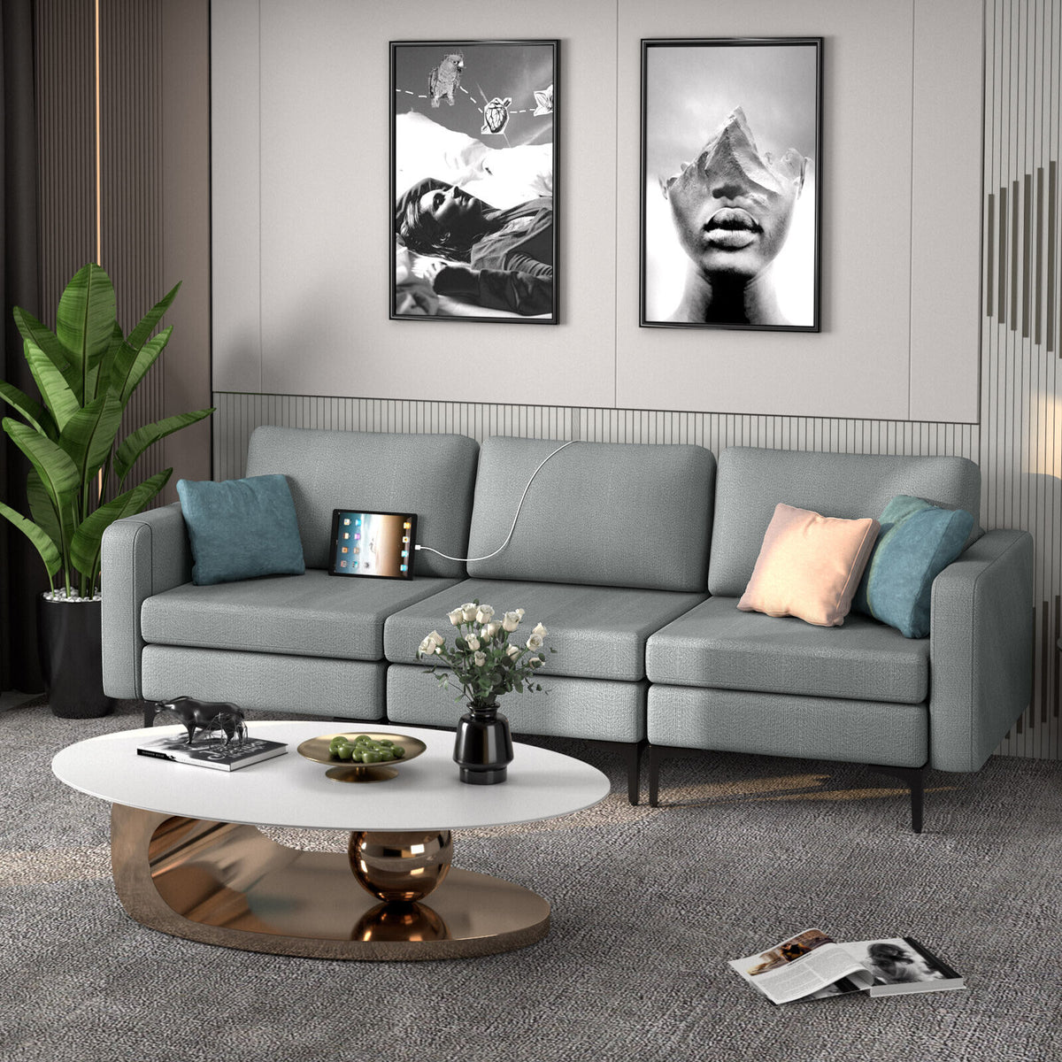 3-Seat Convertible Sofa with USB Ports & Magazine Pockets - Dark Gray