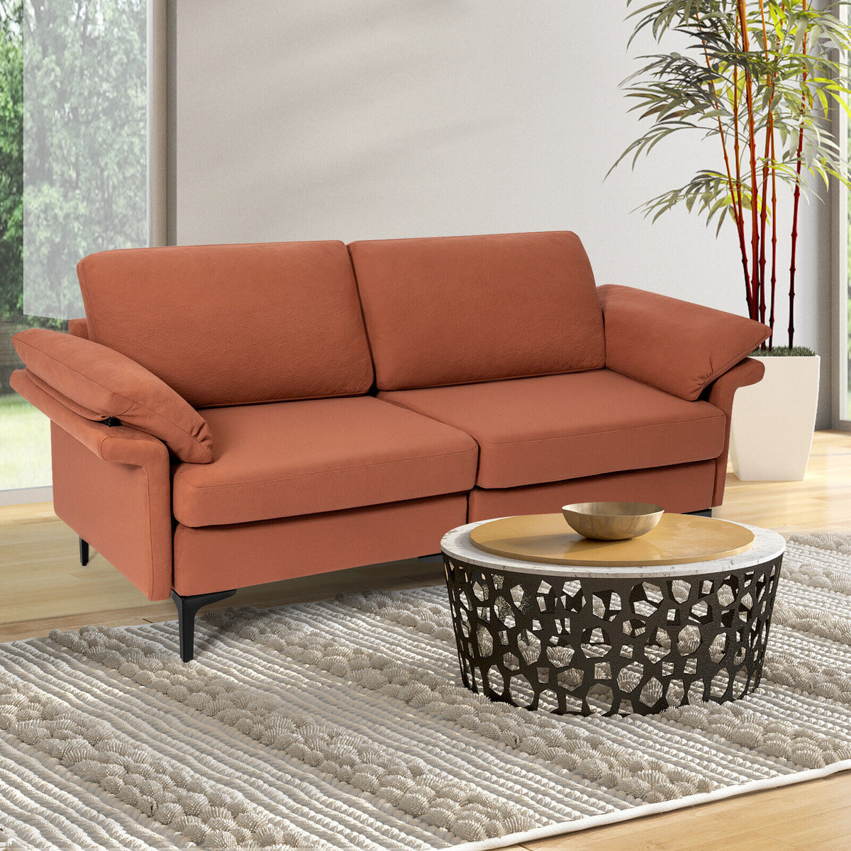 Rust Red Loveseat Sofa with Metal Legs & Armrest Pillows
