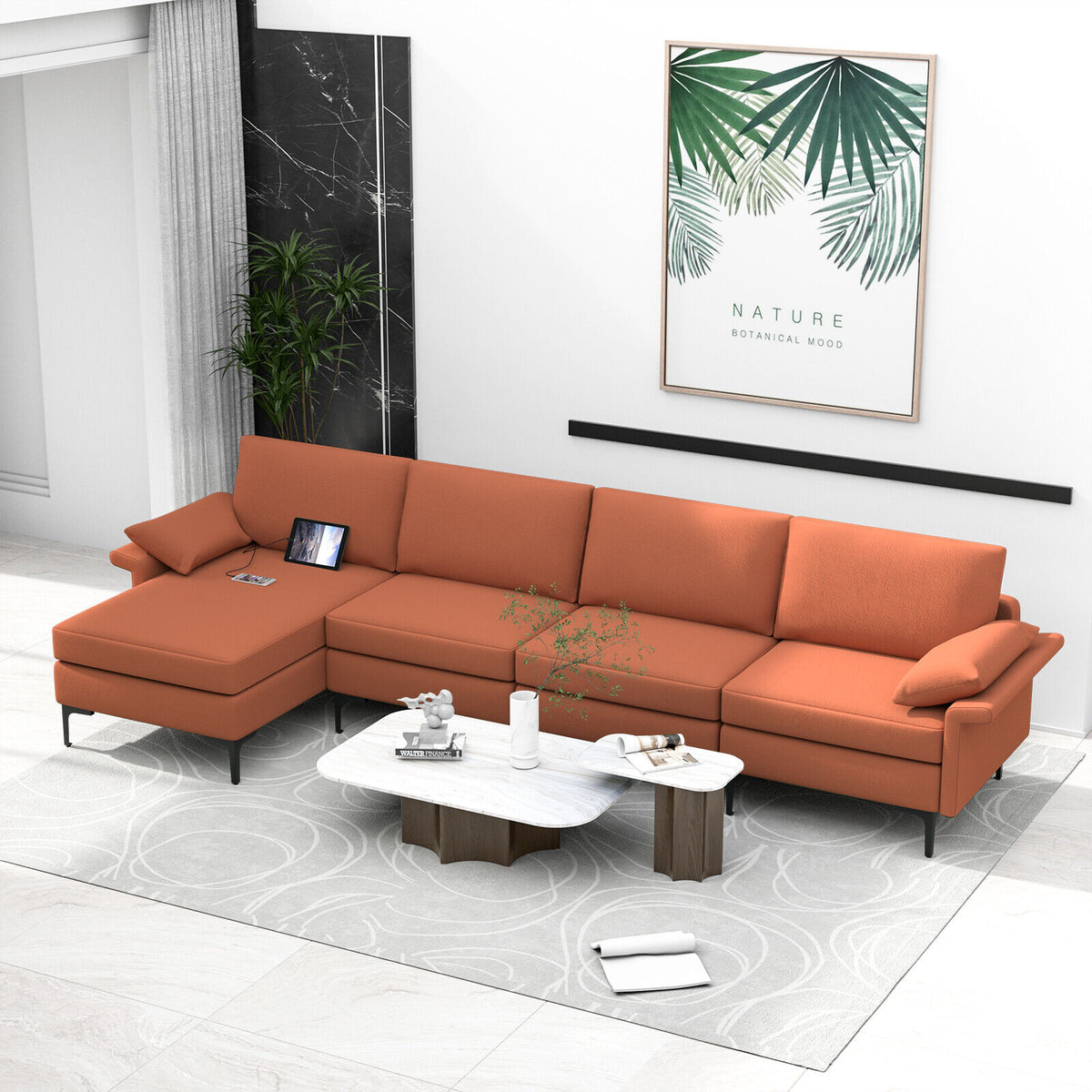 4-Seat L-Shaped Sectional Sofa with Reversible Chaise, Rust Red