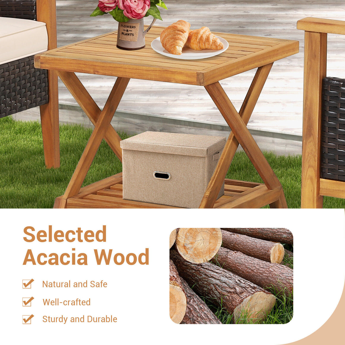 3 Pieces Patio Wicker Furniture Set with 2-Tier Side Table and