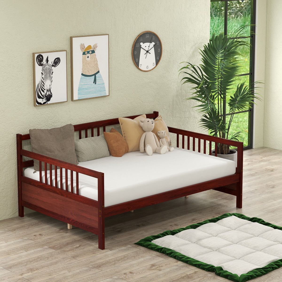 Wooden Full Size Daybed Frame with Guardrails - Brown