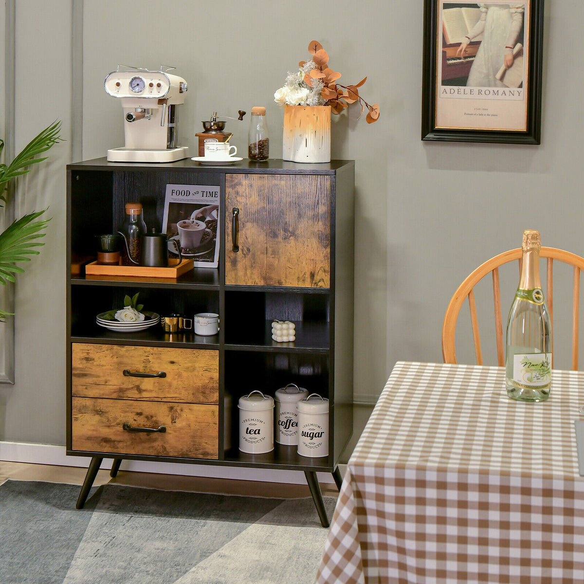 Kitchen Sideboard Buffet Cabinet with Drawers & Cubbies - Rustic Brown