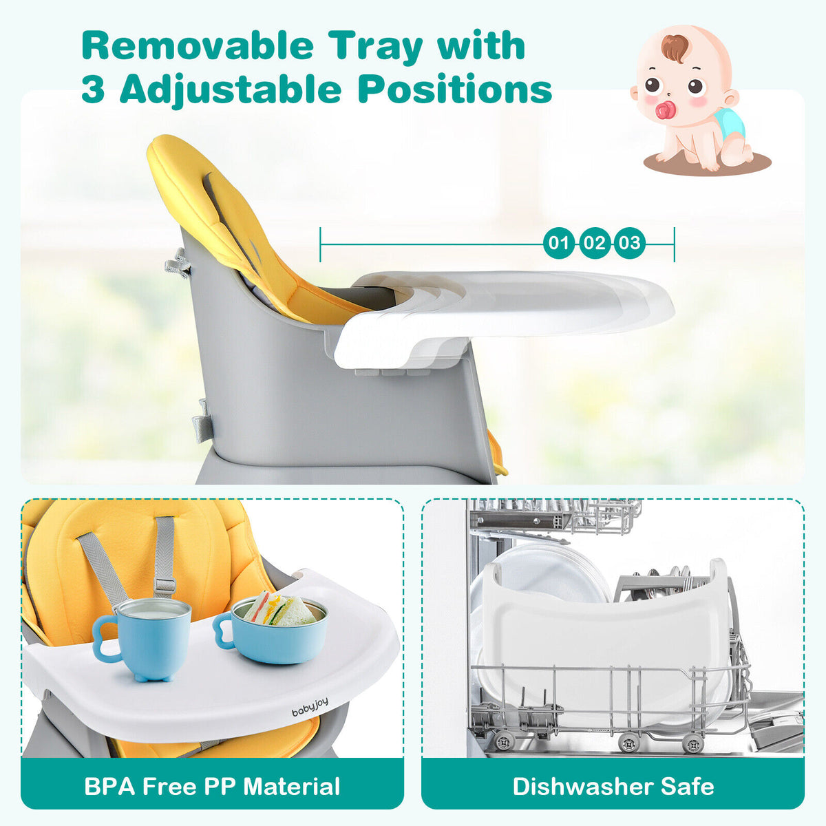 Yellow 8-in-1 Convertible Baby High Chair with Removable Tray & Adjustable Height