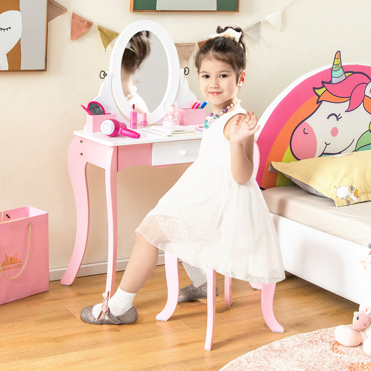 Kids Vanity Set with Rotatable Mirror & Play Accessories - Elliptical Style