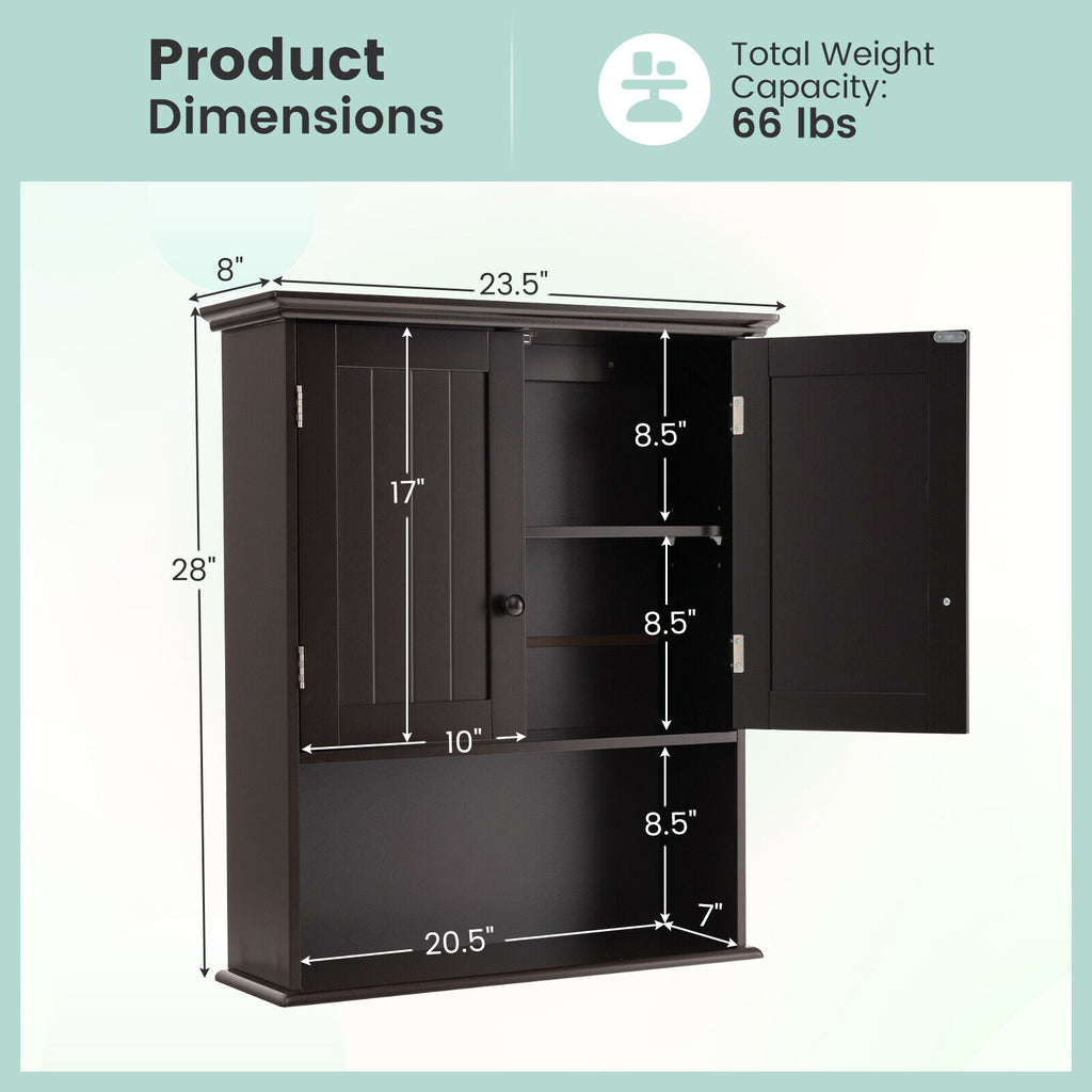 2-Door Wall Mount Bathroom Storage Cabinet, 28 Inch H, Espresso