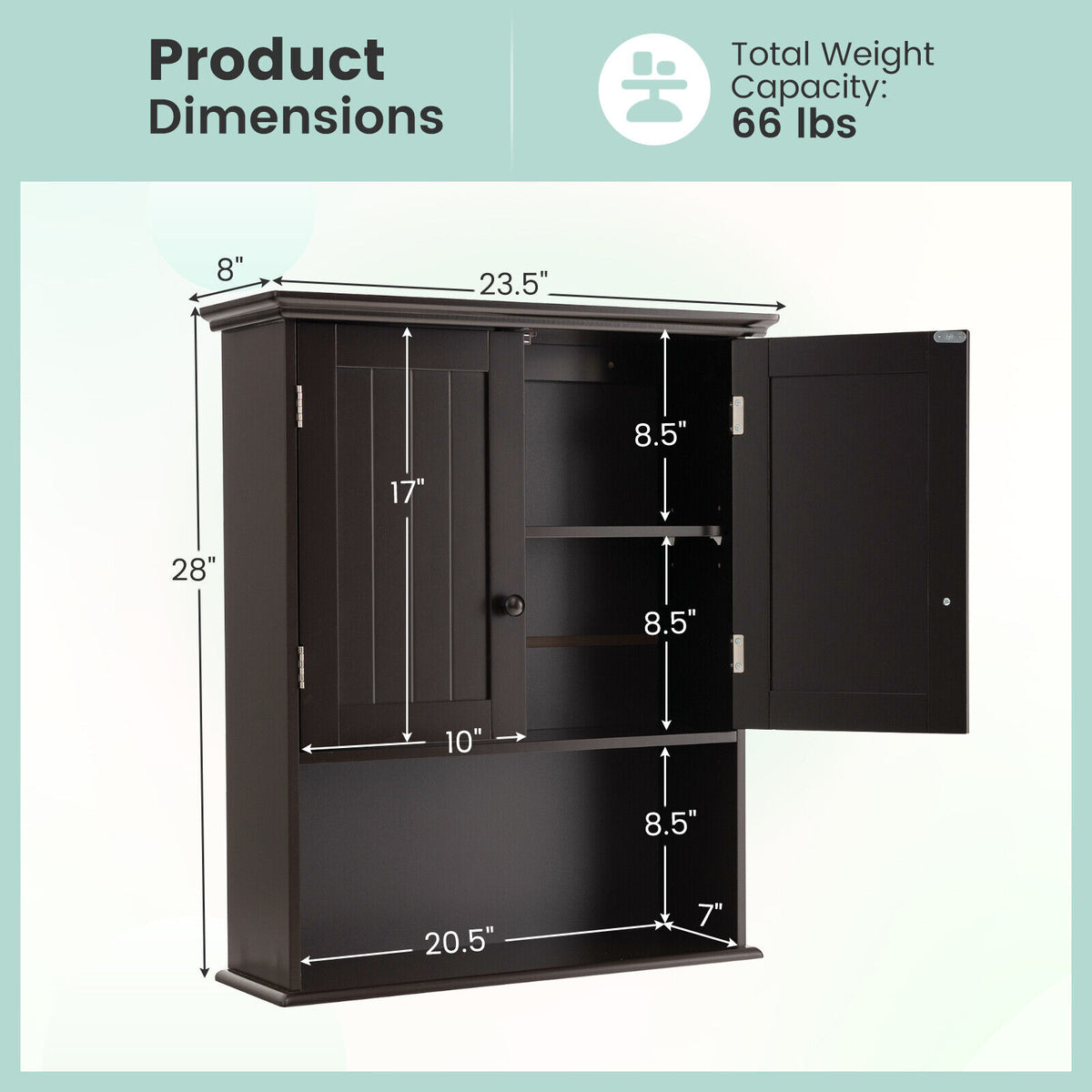 2-Door Wall Mount Bathroom Storage Cabinet, 28 Inch H, Espresso