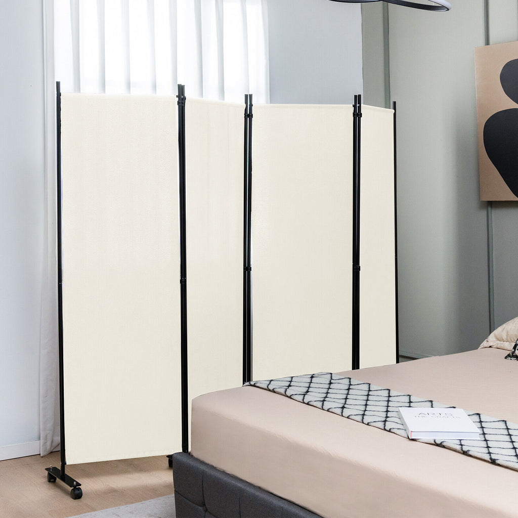 4-Panel Folding Room Divider Privacy Screen with Lockable Wheels – White, 4 Panels & Wheels