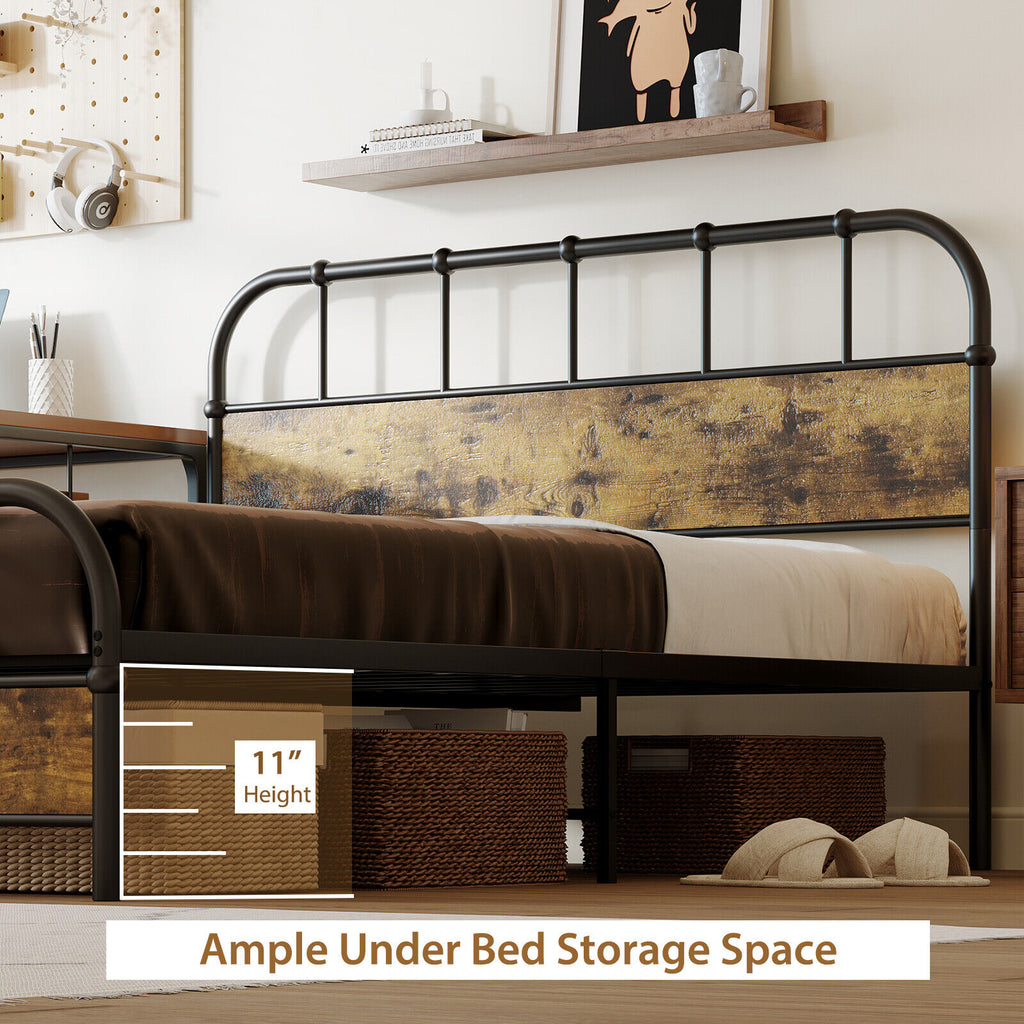 Queen Size Industrial Metal Platform Bed Frame with Headboard - Coffee