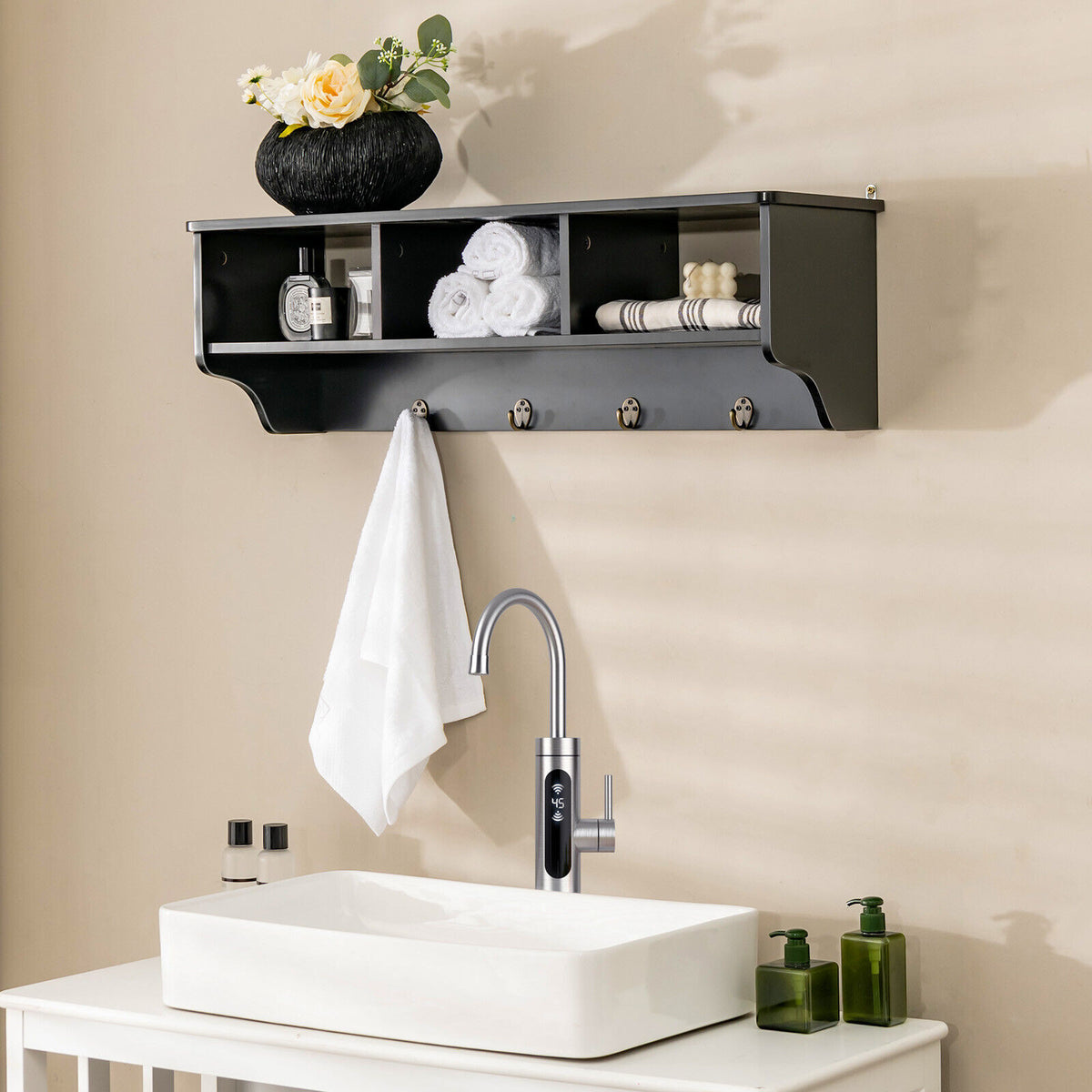 Wall Mount Hooks Shelf for Entryway Storage - Black