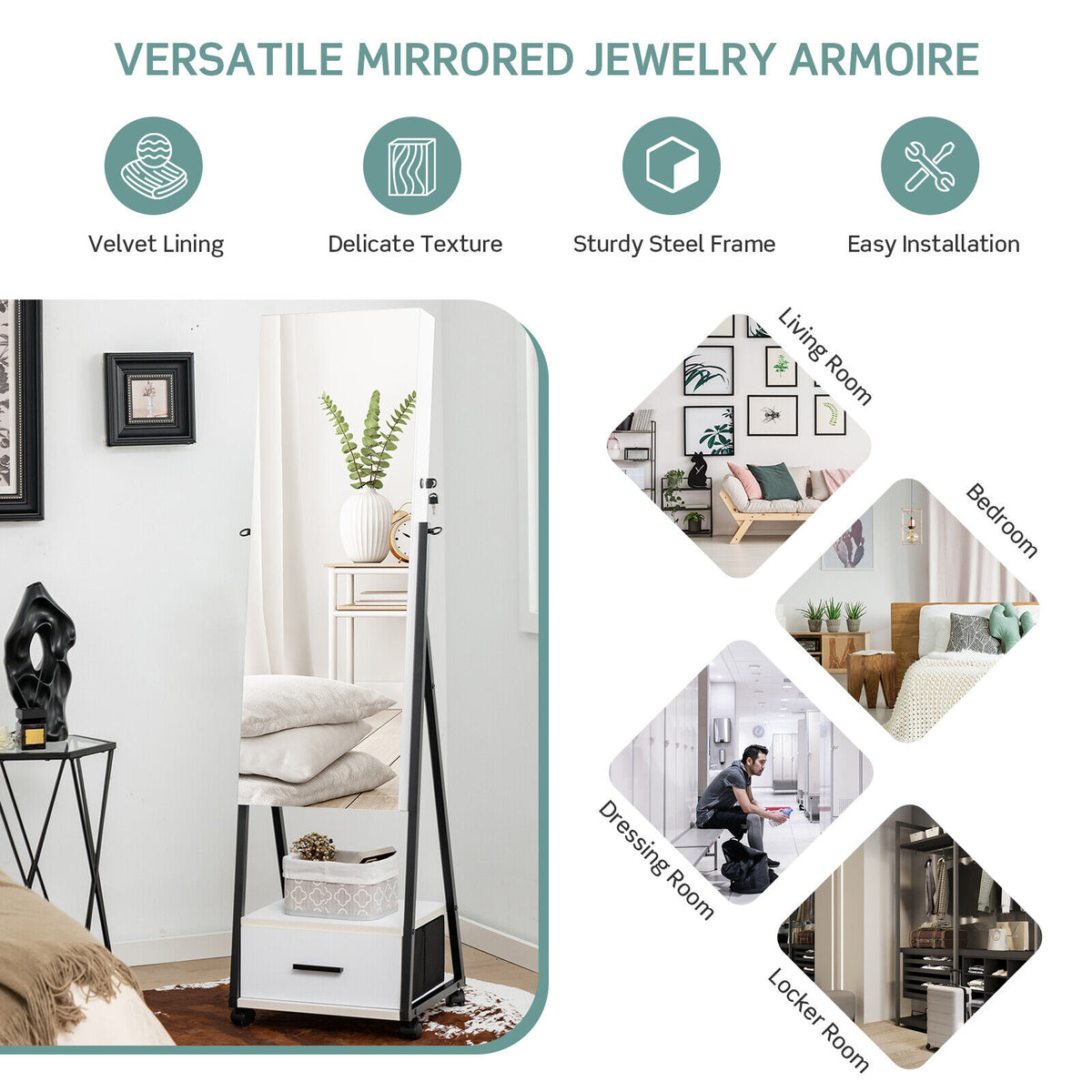 Jewelry Cabinet with Full-Length Mirror - White