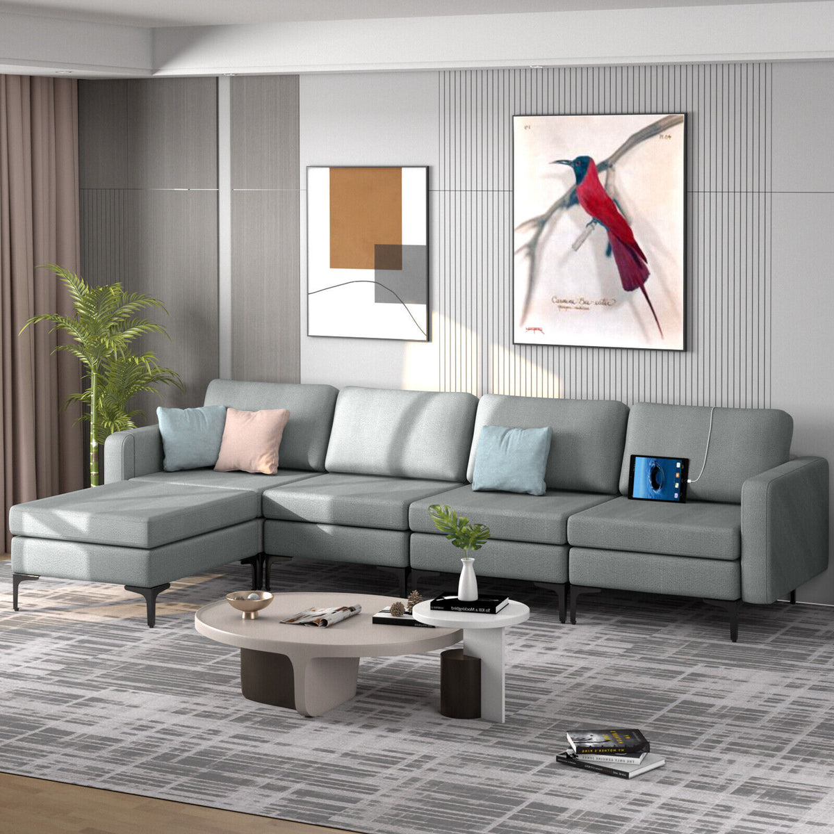 L-Shaped Sectional Sofa with Reversible Ottoman and USB Ports - Gray