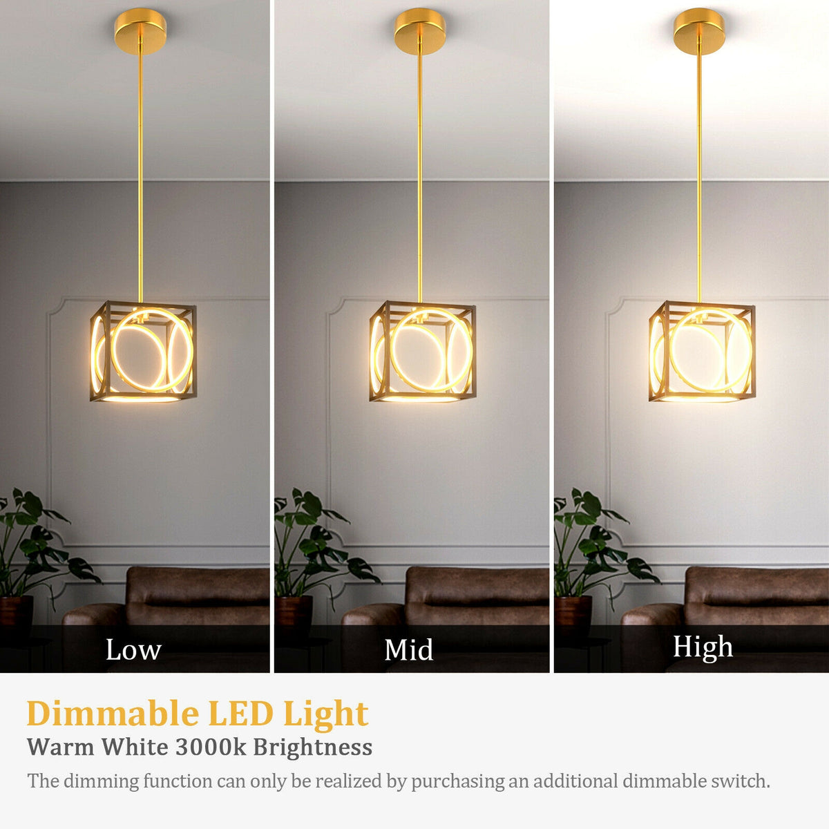 Adjustable Suspender LED Pendant Light - Golden Cube Design, 42 Inch