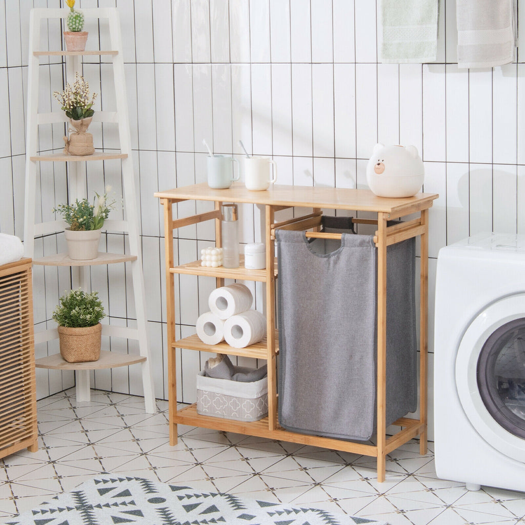 Bamboo Laundry Hamper Stand with Removable Sliding Bag and 3-Tier