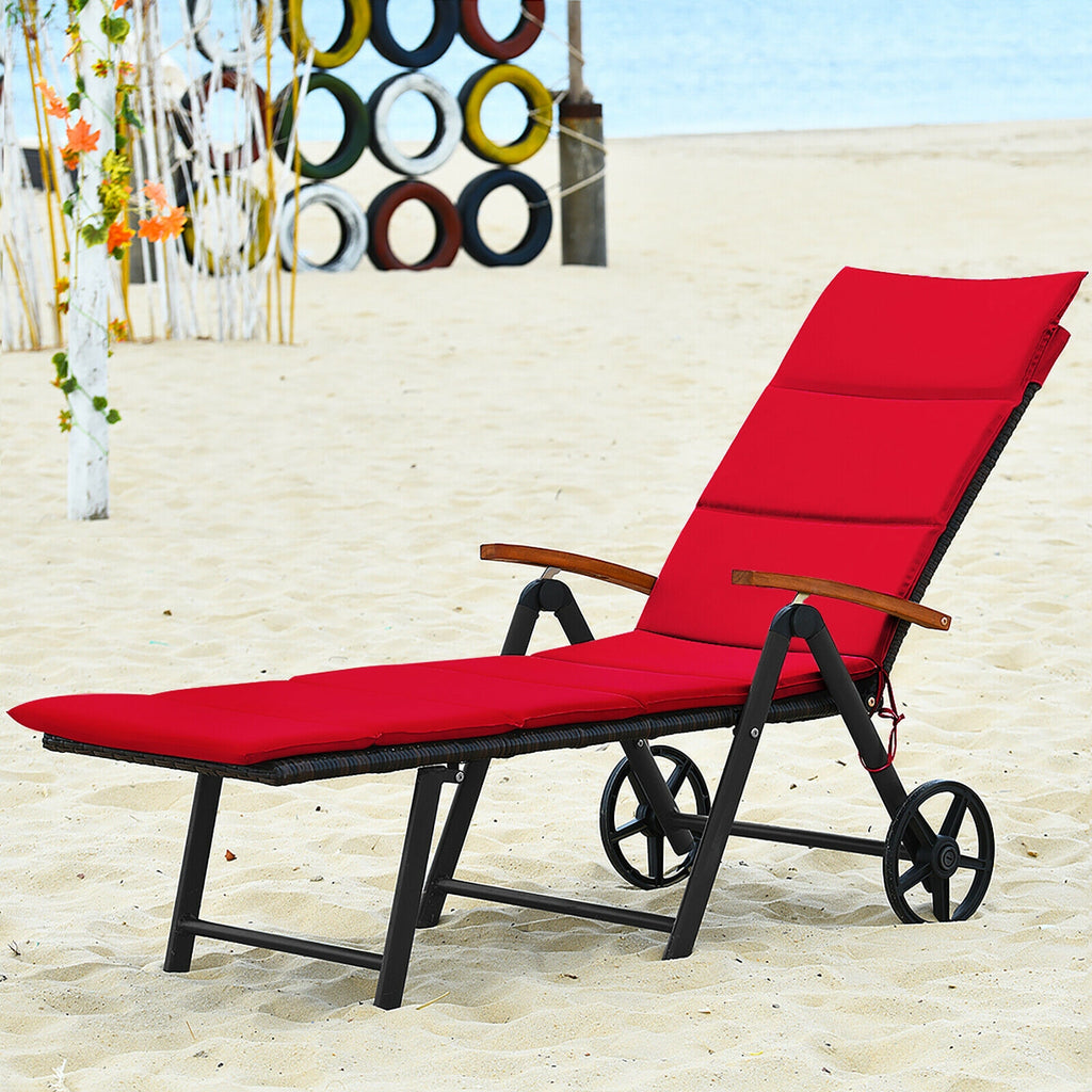 Folding Patio Rattan Lounge Chair with Wheels - Red