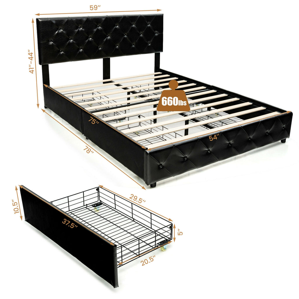 Full Size PU Leather Platform Bed with 4 Storage Drawers
