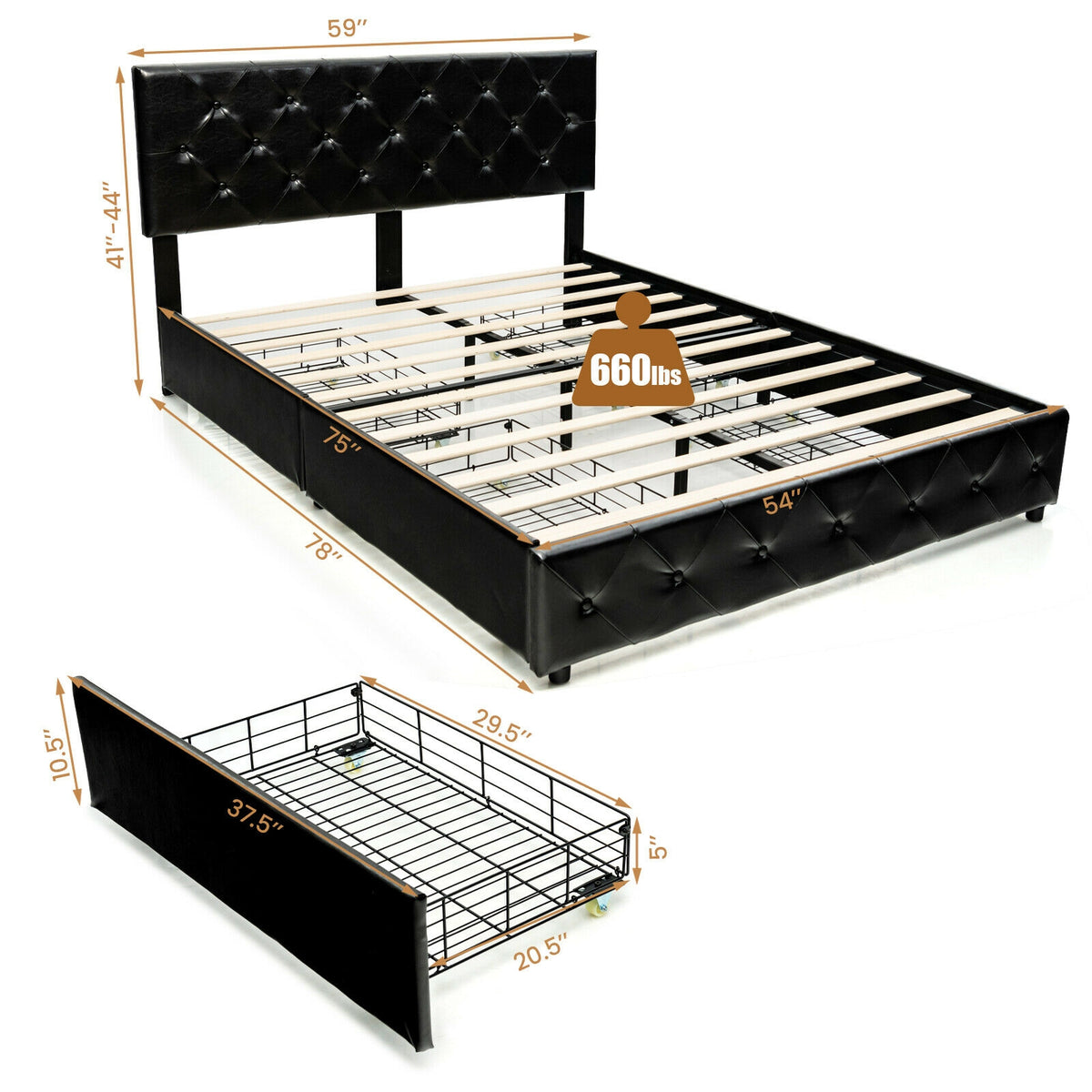 Full Size PU Leather Platform Bed with 4 Storage Drawers