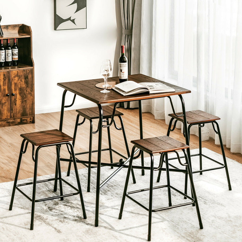 5-Piece Bar Table Set with 4 Counter Height Stools - Rustic Brown