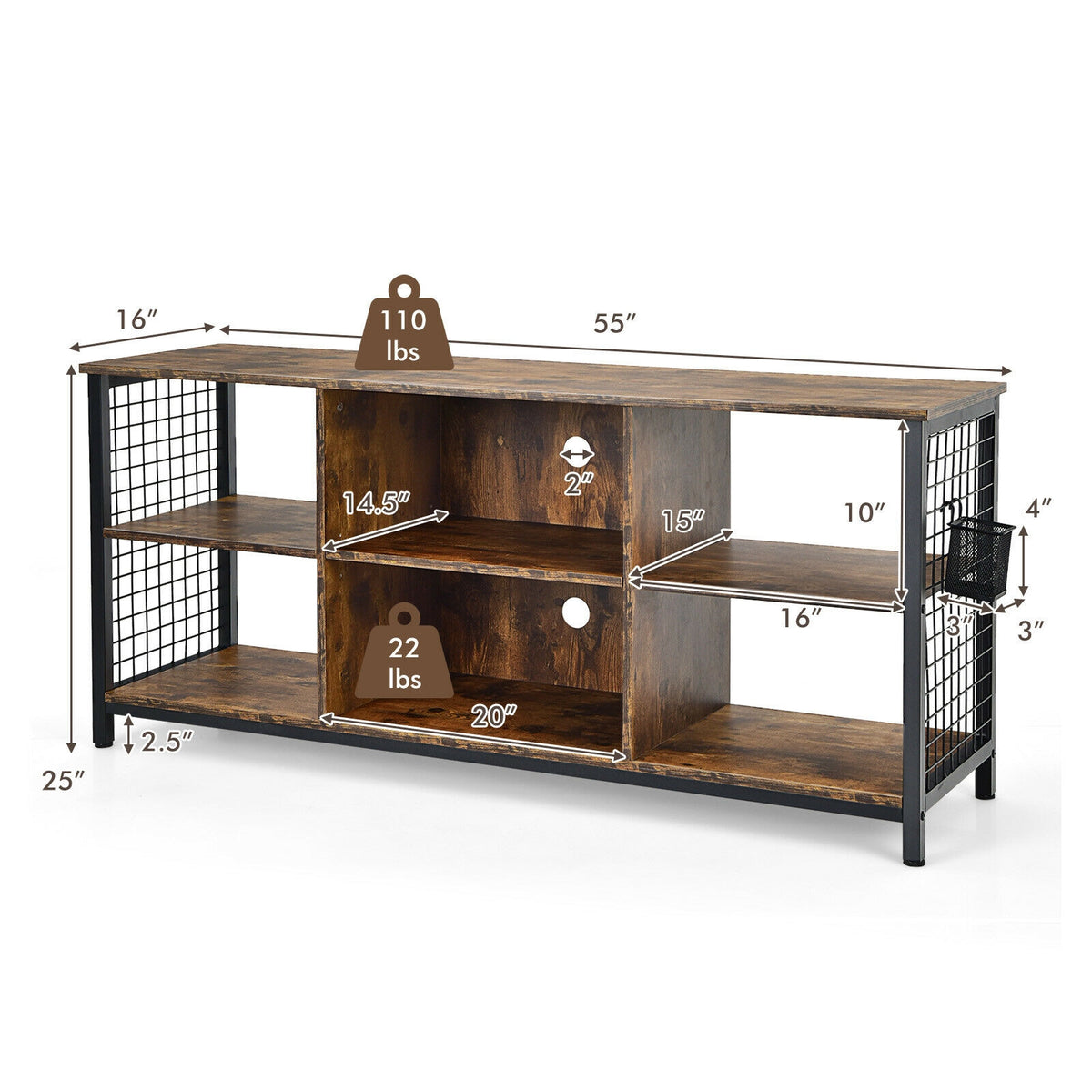 Mid-Century TV Stand 65 inch with Storage Basket, Rustic Brown