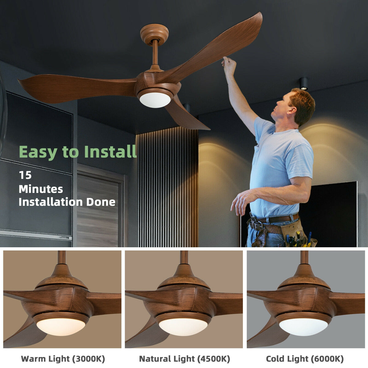 52 Inch Ceiling Fan with Light Reversible DC Motor - With Light