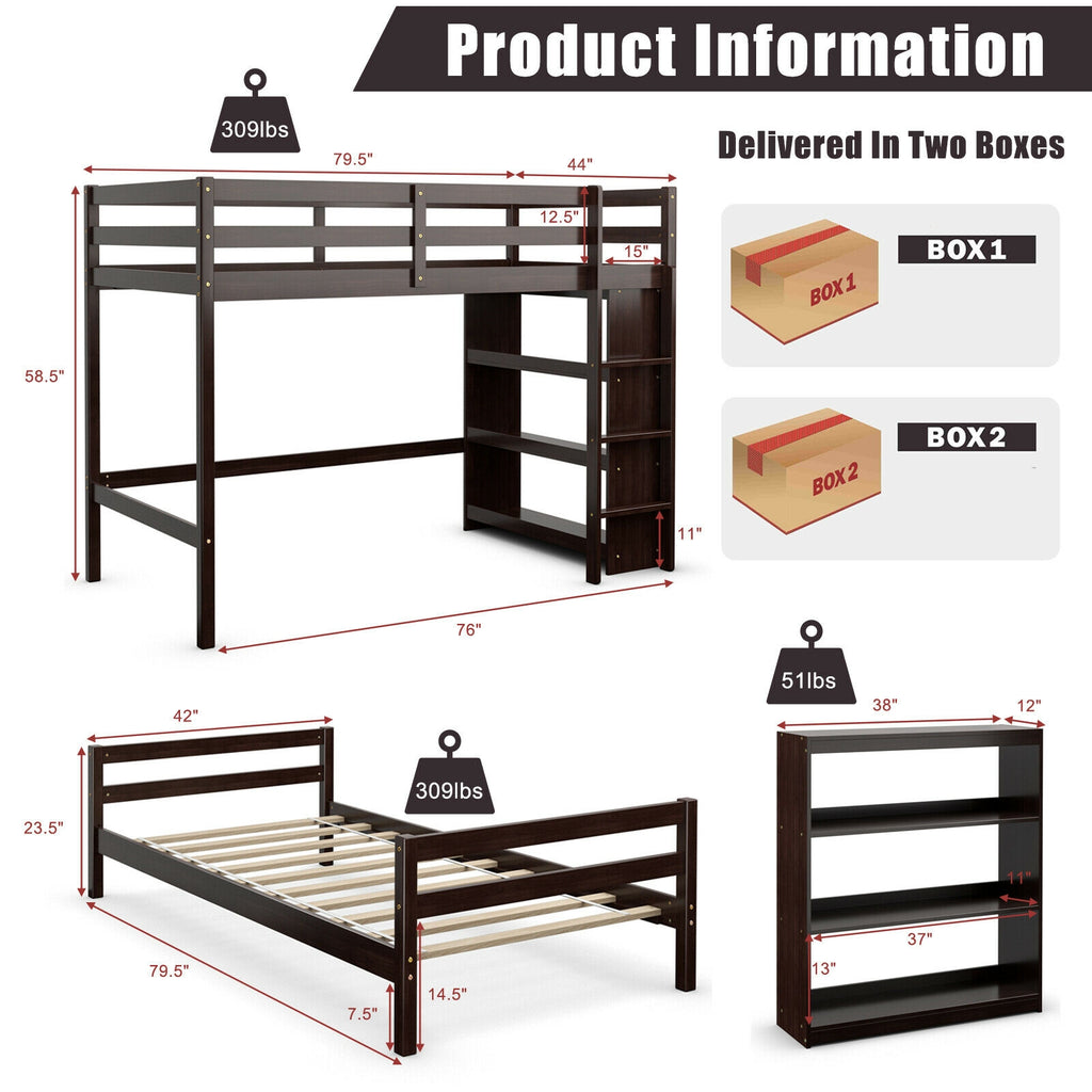 Twin Over Twin Loft Bunk Bed with Bookcase - Dark Brown