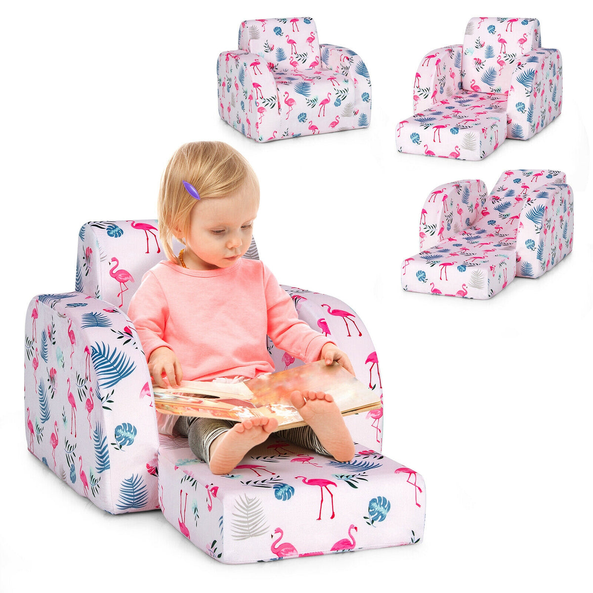Pink 3-in-1 Convertible Kid Sofa Bed Lounger - Toddler Play & Rest Chair