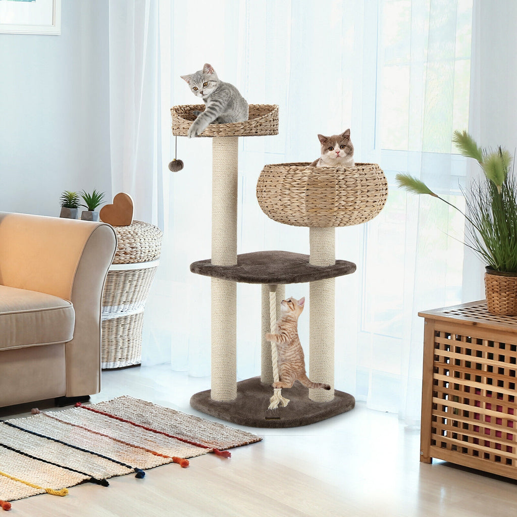 41 Inch Rattan Cat Tree with Napping Perch - Brown