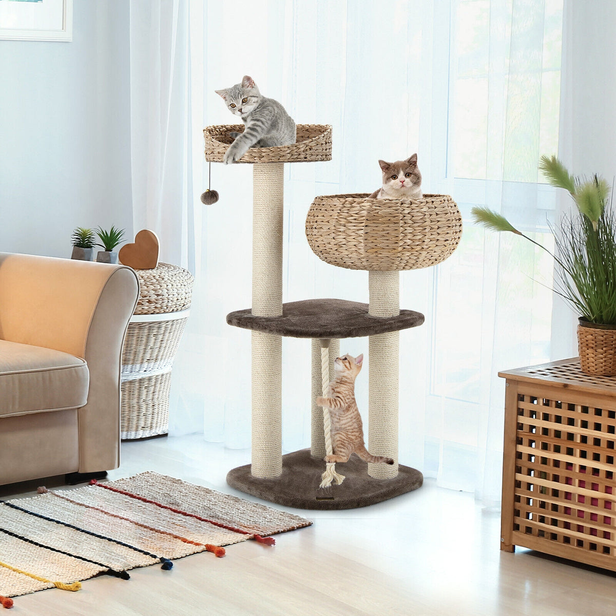 41 Inch Rattan Cat Tree with Napping Perch - Brown