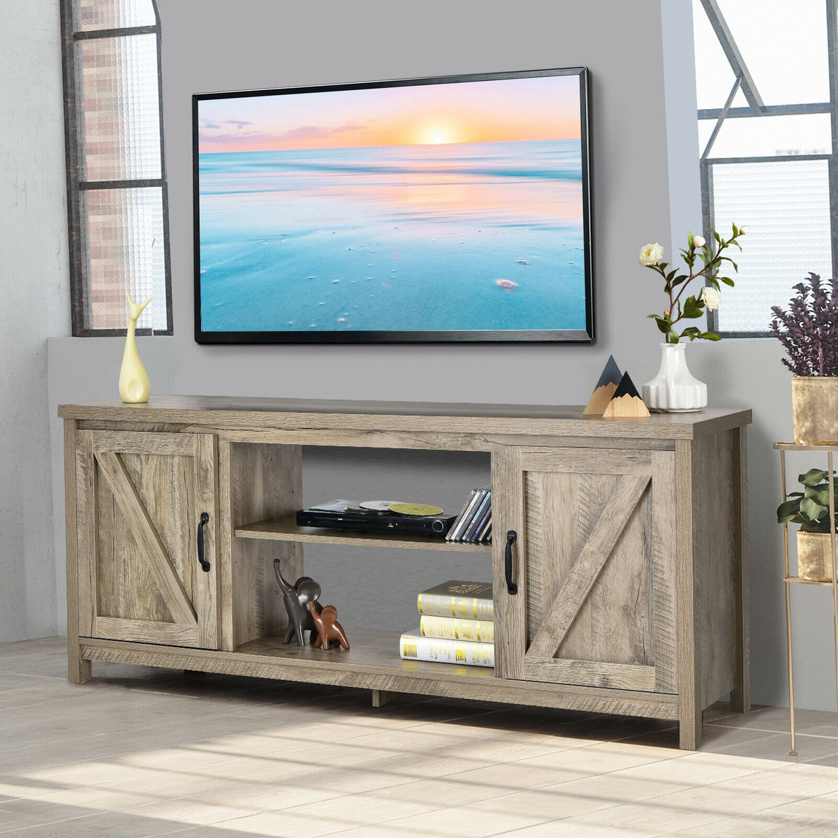 59 Inch Barn Door TV Console Table with Storage - Natural