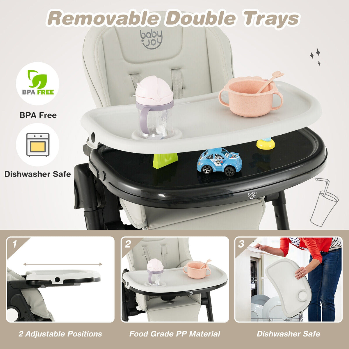 Folding Baby High Chair with 6 Adjustable Heights - Gray, 4-in-1