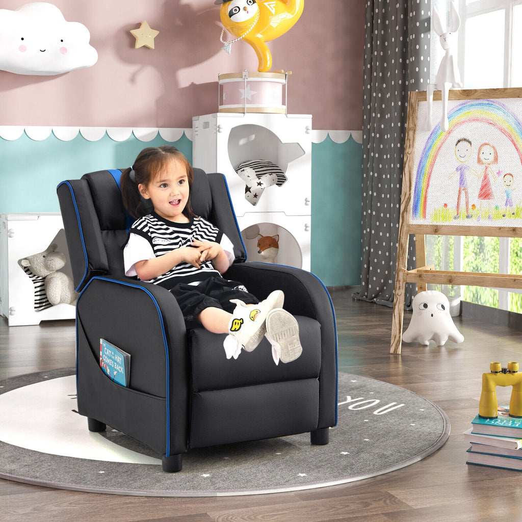 Kids Recliner Chair with Side Pockets & Footrest - Style G, Blue