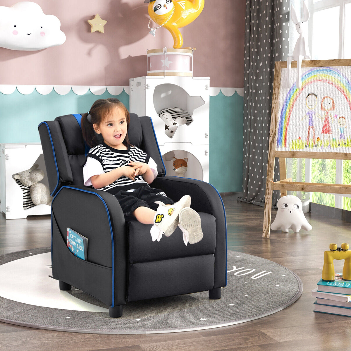 Kids Recliner Chair with Side Pockets & Footrest - Style G, Blue