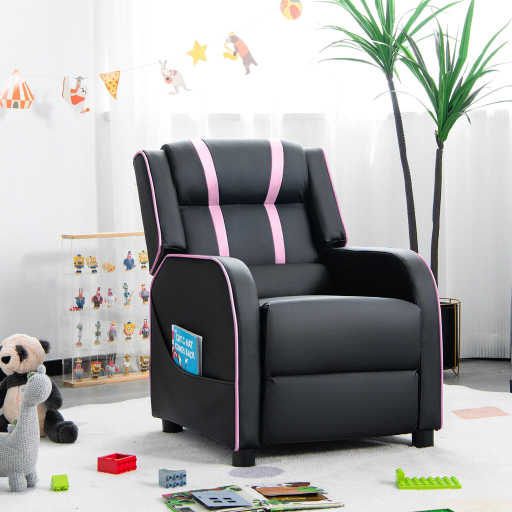 Kids Recliner Chair with Side Pockets & Footrest - Style G Pink