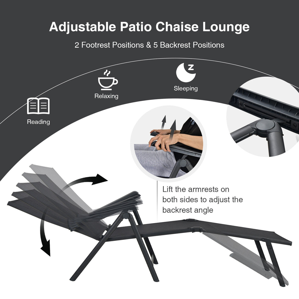 Foldable Chaise Lounge Chair with Footrest - Black