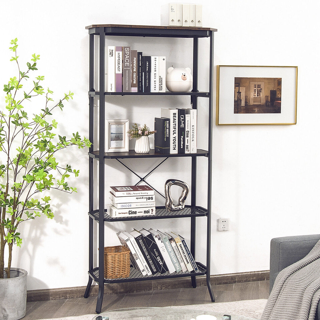 5-Layer Industrial Bookshelf - Rustic Brown