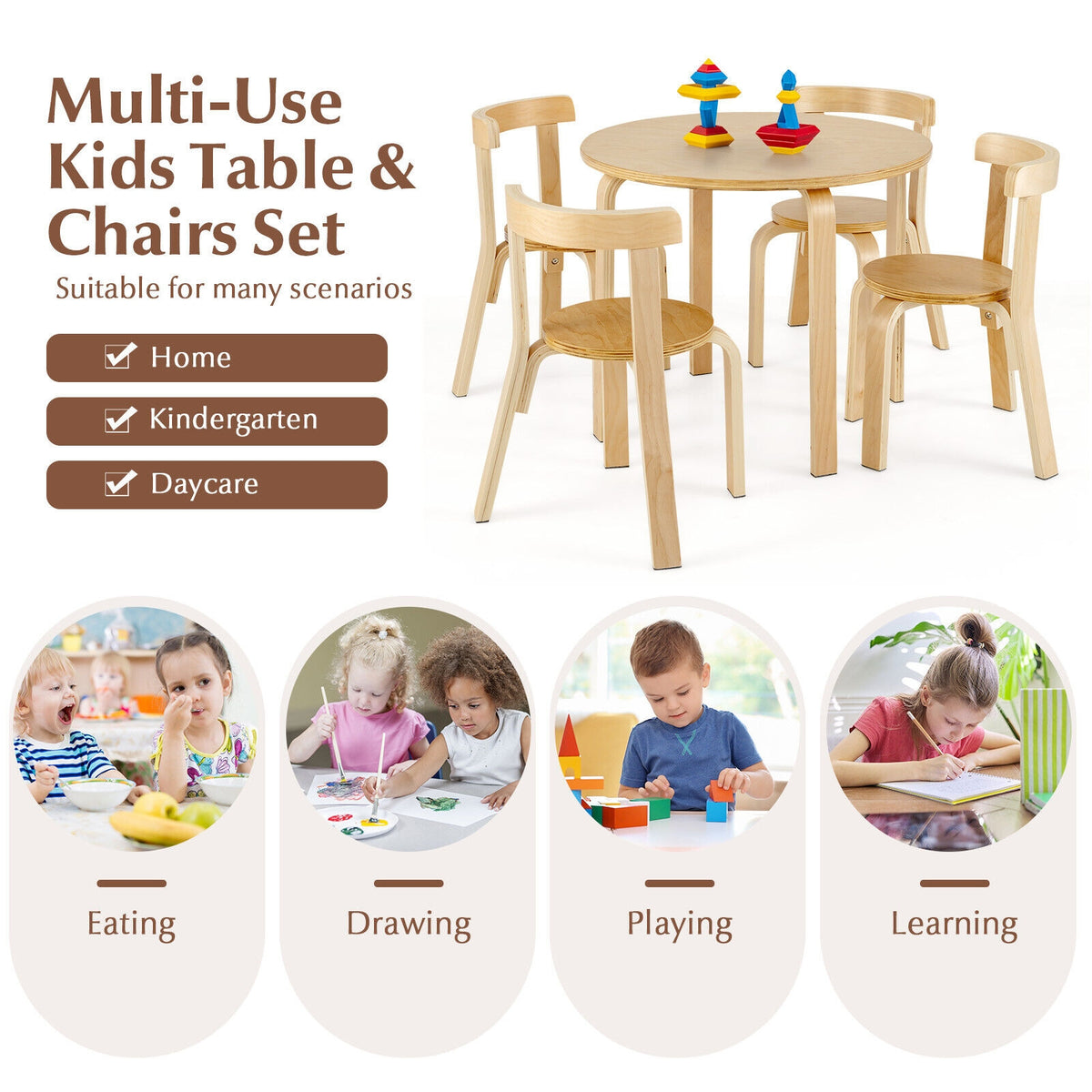 Kids Wooden Curved Back Activity Table and Chair Set - Round Natural