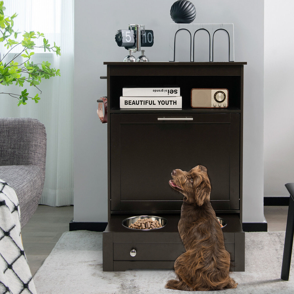 Pet Feeder Station with Stainless Steel Bowls - Coffee Variation