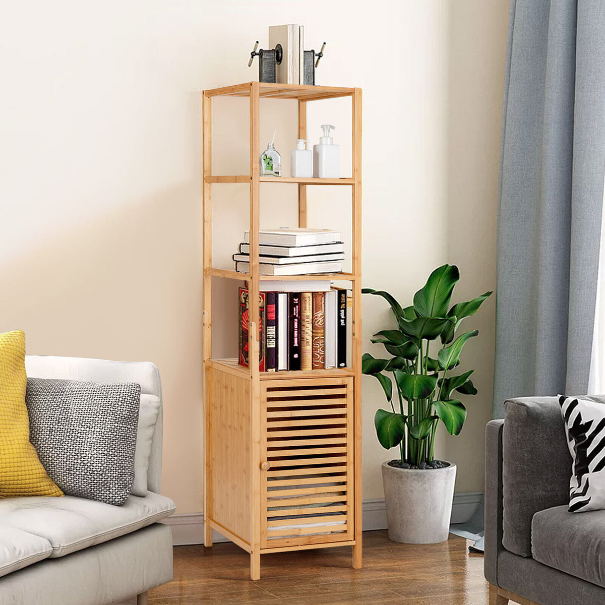 4-Tier Bamboo Floor Storage Cabinet with Shutter Door - 62-inch H