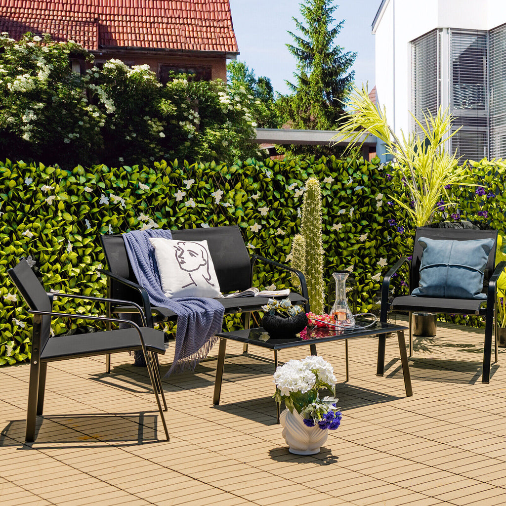 4-Piece Patio Furniture Set with Loveseat Sofas and Glass Table - Gray