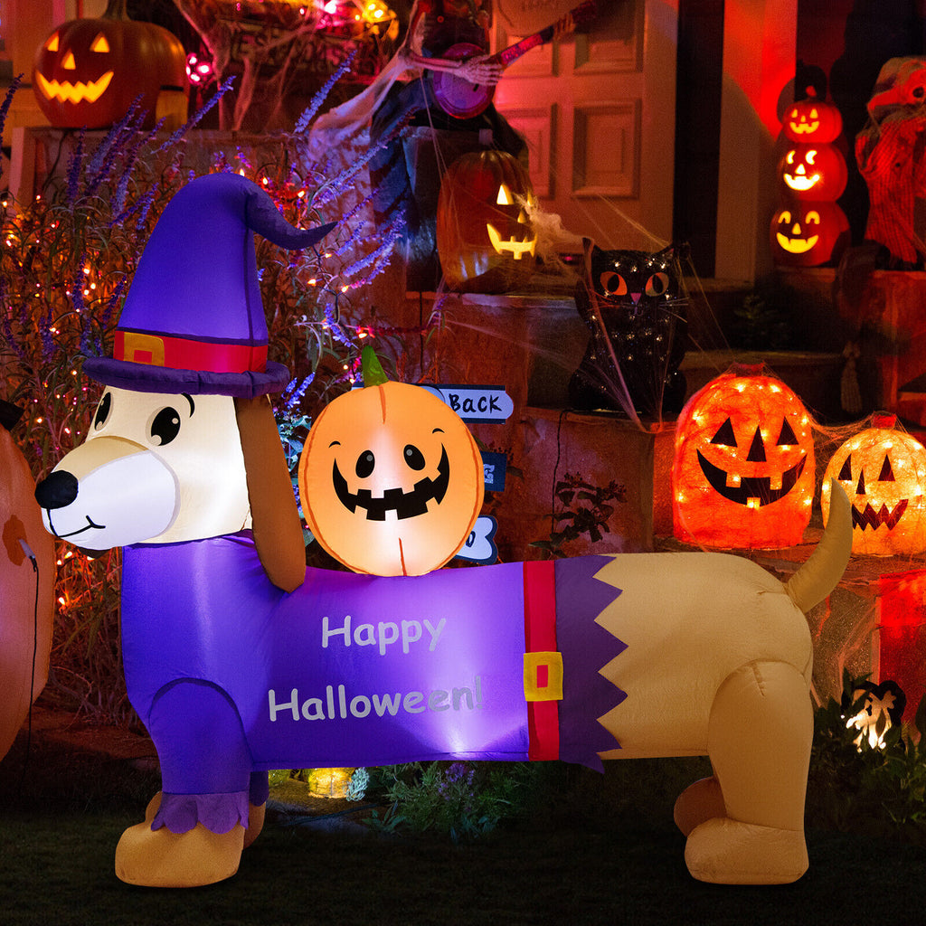 Halloween Inflatable Dachshund Dog with Pumpkin and LED Lights - Yard Decoration