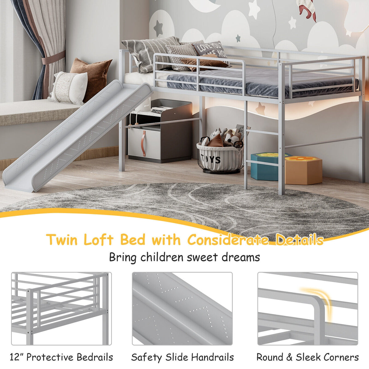 Twin Metal Loft Bed with Slide & Ladder - Silver