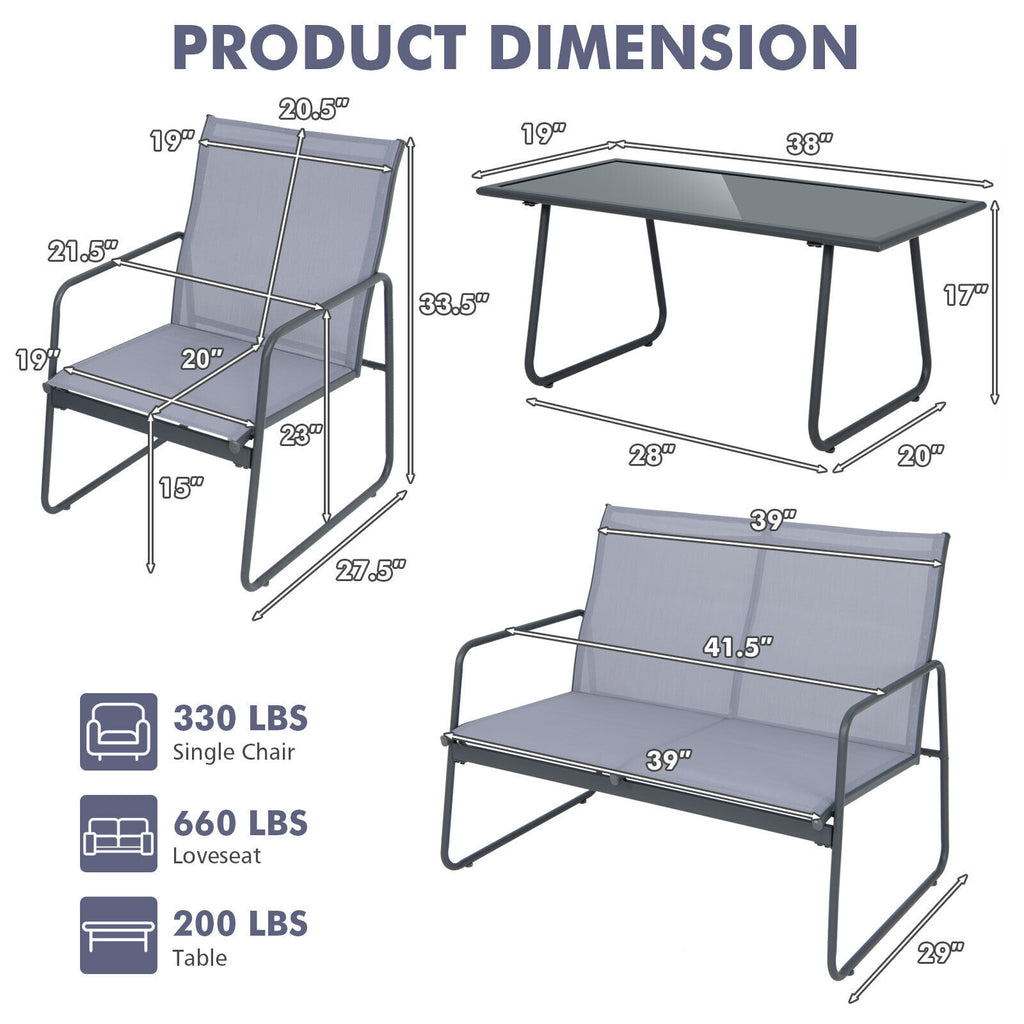 4 Pieces of Metal Patio Furniture Chat Set with Tempered Glass Coffee