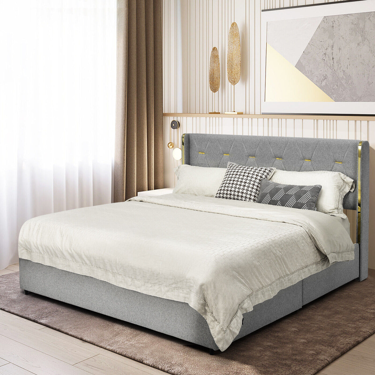 Full Size Upholstered Bed Frame with High Headboard & Storage Drawers - Silver