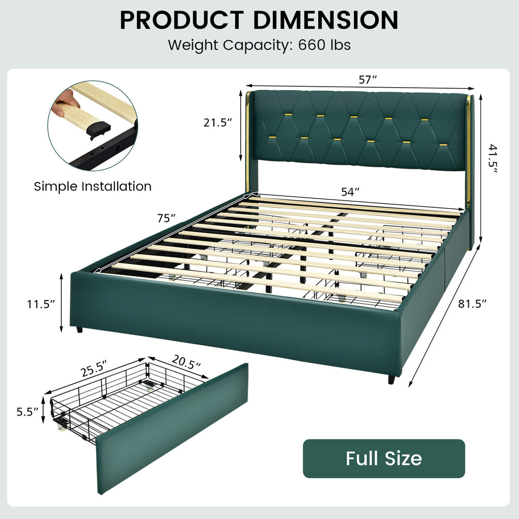 PU Leather Platform Bed Frame with 4 Drawers - Full, Green