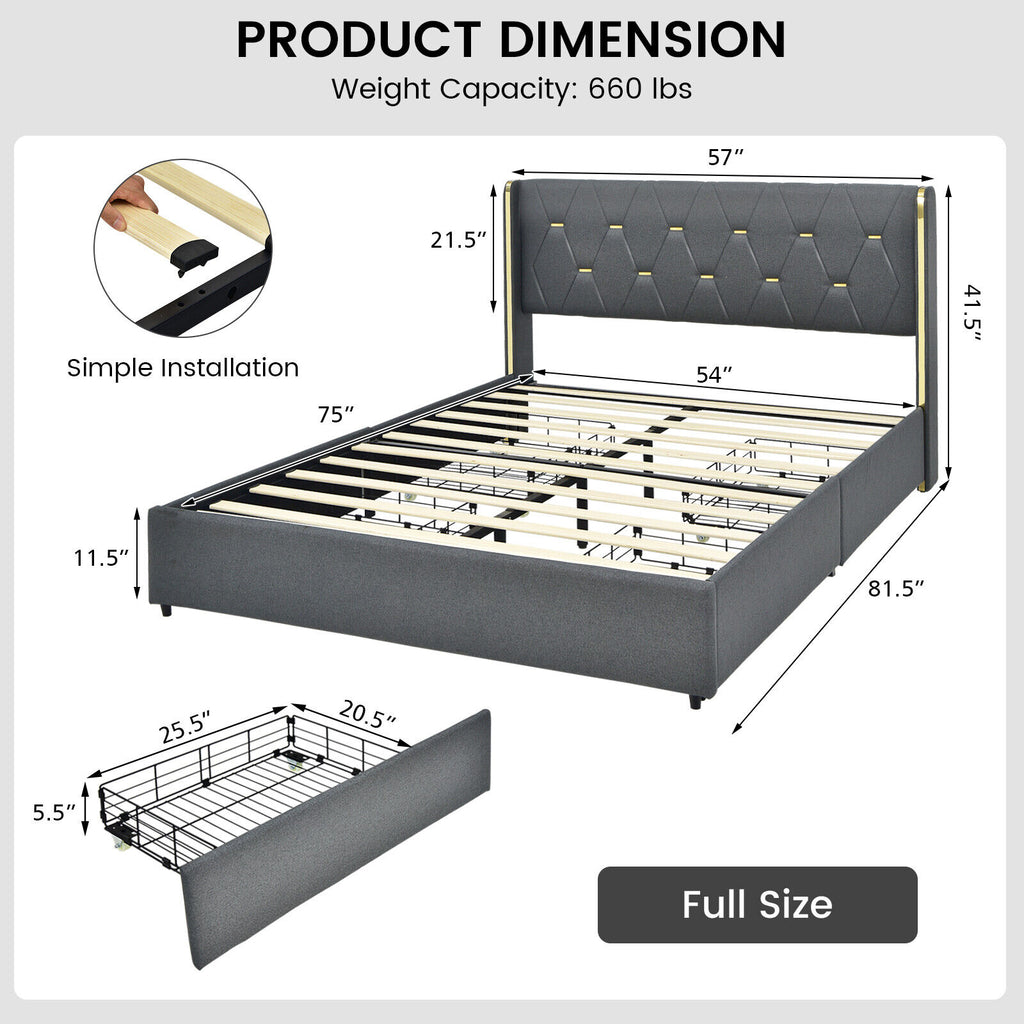 Full Size Upholstered Platform Bed with 4 Storage Drawers - Dark Gray