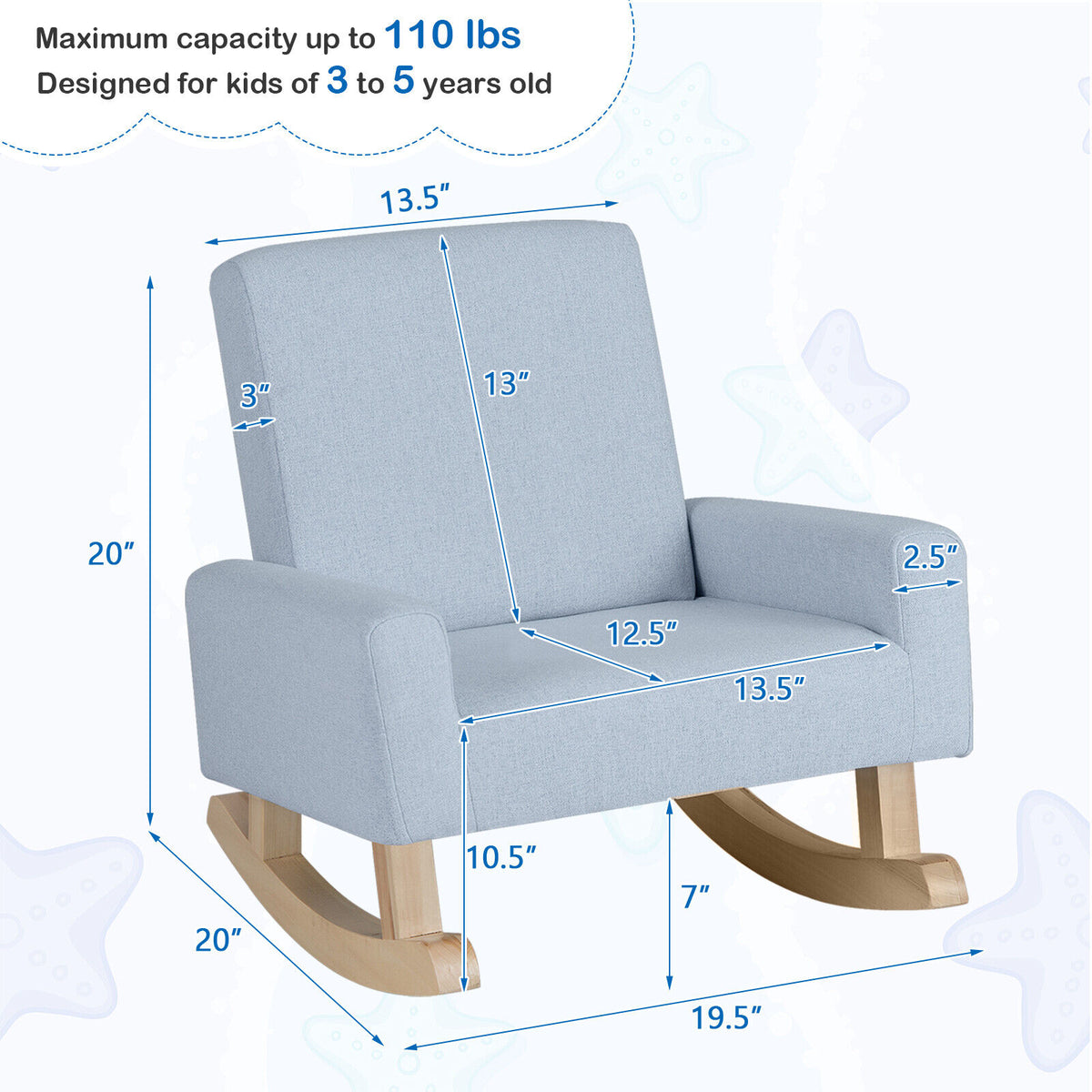 Kids Rocking Chair with Solid Eucalyptus Wood Legs - Blue Variation
