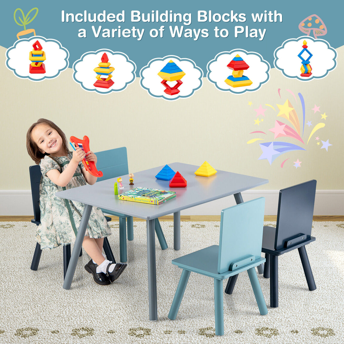 Kids Wooden Activity Play Furniture Set with Building Blocks - Blue, 5 Pieces