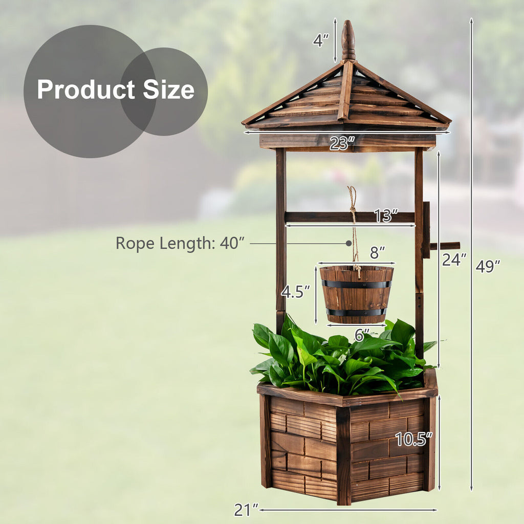Rustic Wooden Wishing Well with Adjustable Bucket - Brown
